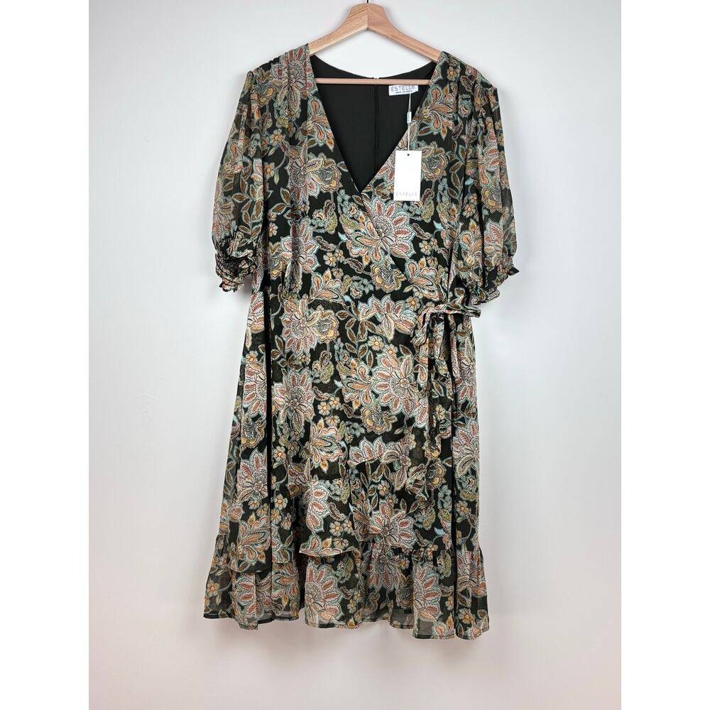 🌿 Estelle Floral Wrap Midi Dress | Size 3X | Black Floral | NWT